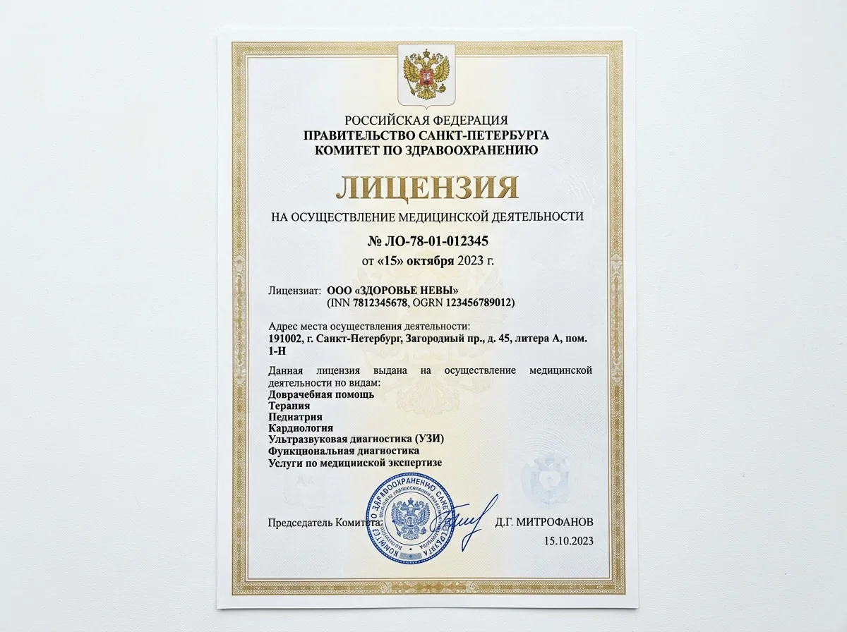 Скан лицензии Комитета по здравоохранению Санкт-Петербурга на осуществление медицинской деятельности, официальный документ на белом фоне с гербом и печатью