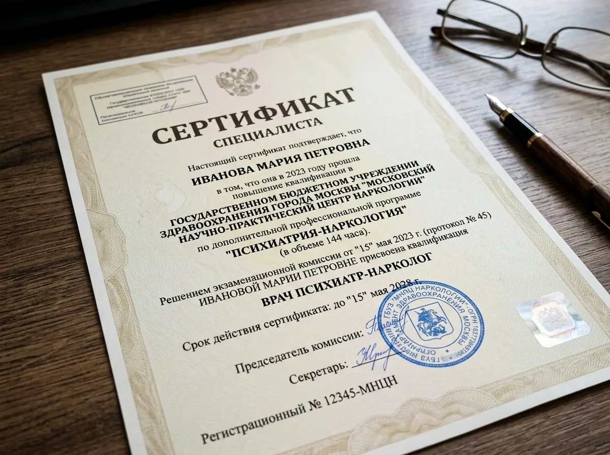 Сертификат психиатра-нарколога, документ с печатями медицинского учреждения, подтверждение квалификации специалиста