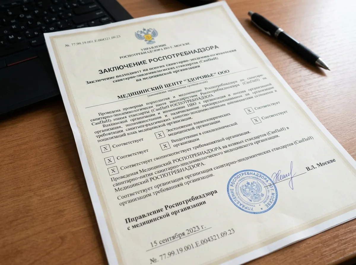 Документ о соответствии санитарным нормам СанПиН, заключение Роспотребнадзора для медицинской организации