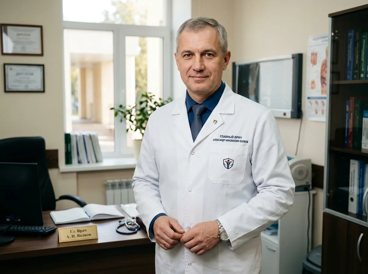 Портрет главного врача наркологической клиники, мужчина 50 лет в белом халате, уверенный взгляд, медицинский кабинет на фоне