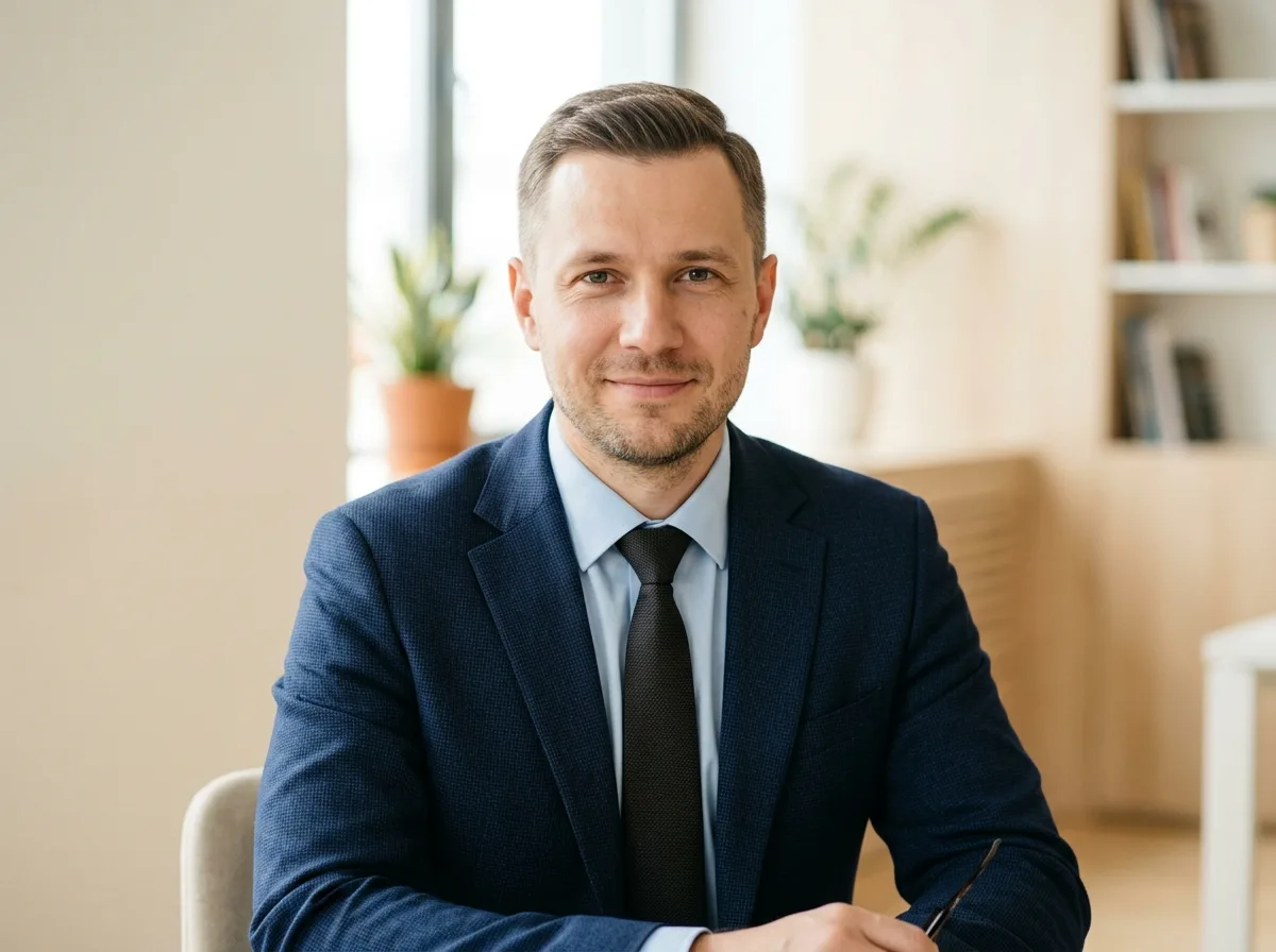 Аватар пациента Дмитрия, мужчина 38 лет, деловой вид, светлый фон